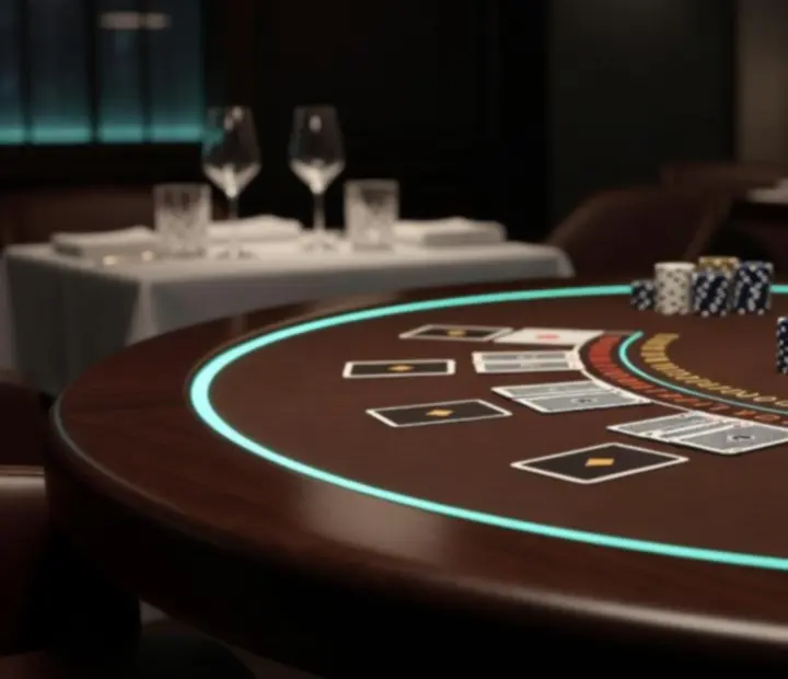 Detail blackjackového stolu s kartami, žetony a osvětlenou hranou stolu v restauraci Karlovia