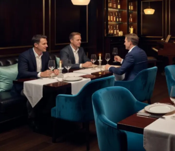 Tmavý večerní interiér restaurace Karlovia s nasvícenými stoly a hosty u společenských programů.