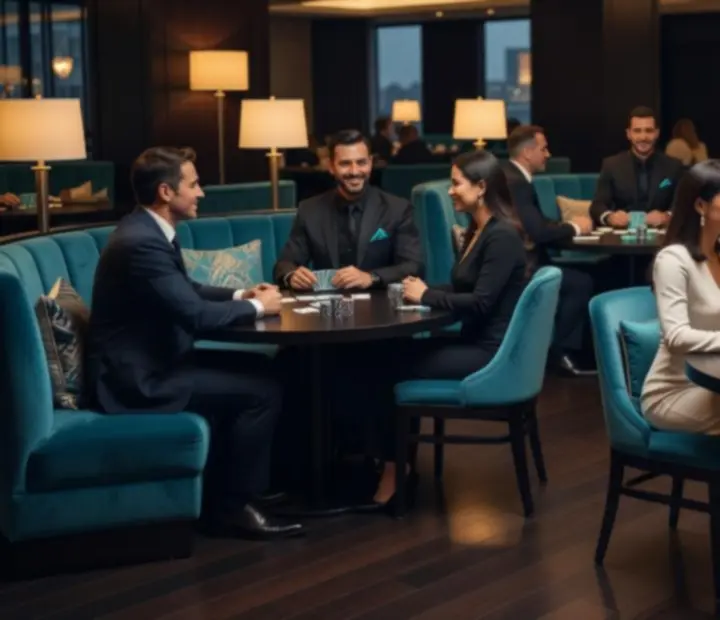Večerní interiér restaurace Karlovia s hosty u stolů a blackjackovým programem v pozadí
