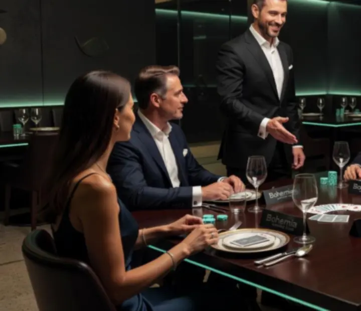 Profesionální hostitelé vedou večer u stolů v restauraci Karlovia