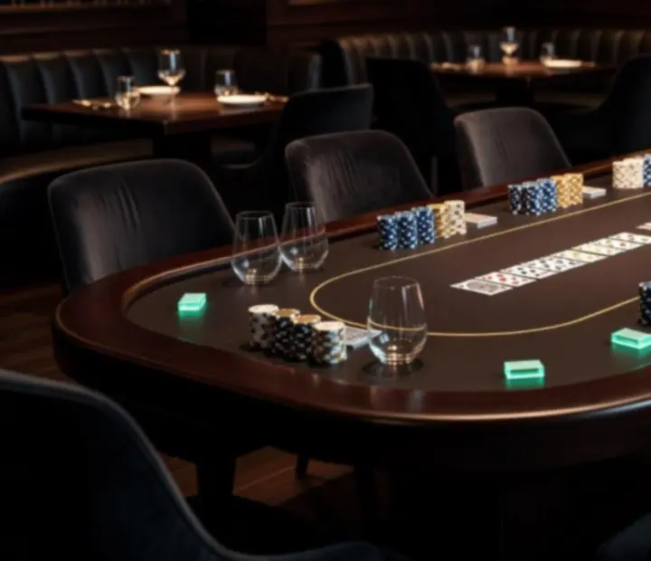Elegantně připravené pokerové stoly s žetony a kartami pro firemní nebo soukromý večerní program.