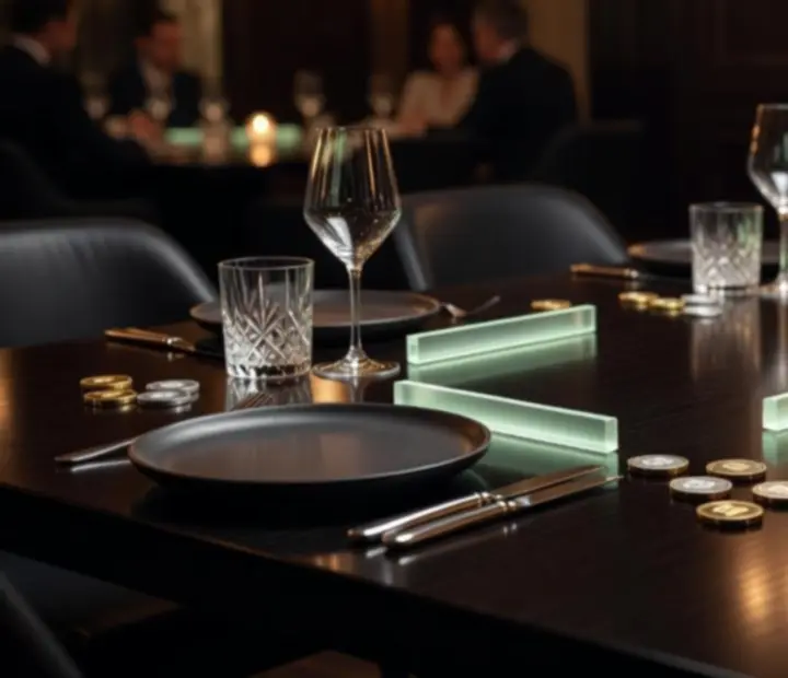 Detail nasvíceného večerního stolu v restauraci Karlovia s tmavým povrchem a tyrkysovými odlesky.