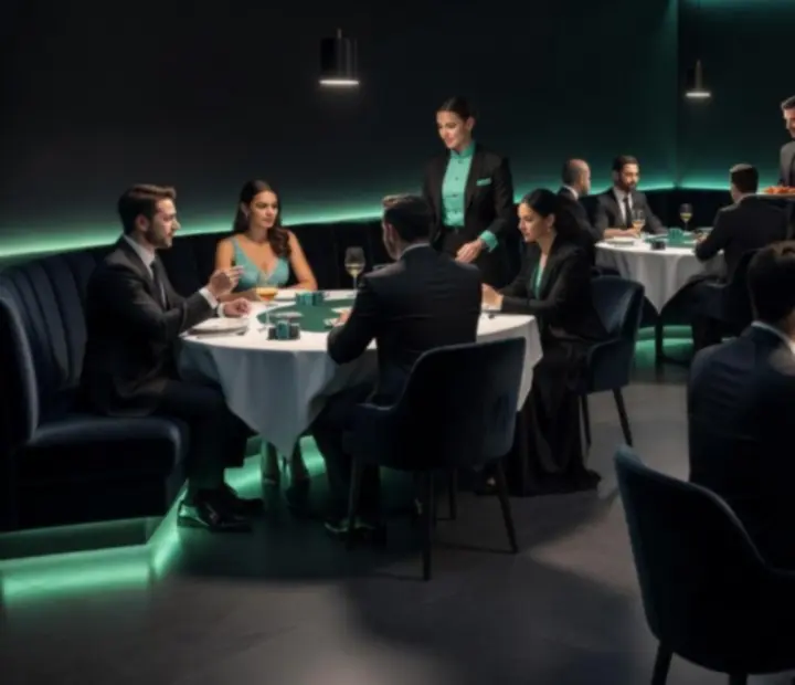 Večerní atmosféra restaurace Karlovia s hosty u stolů a programem u stolů